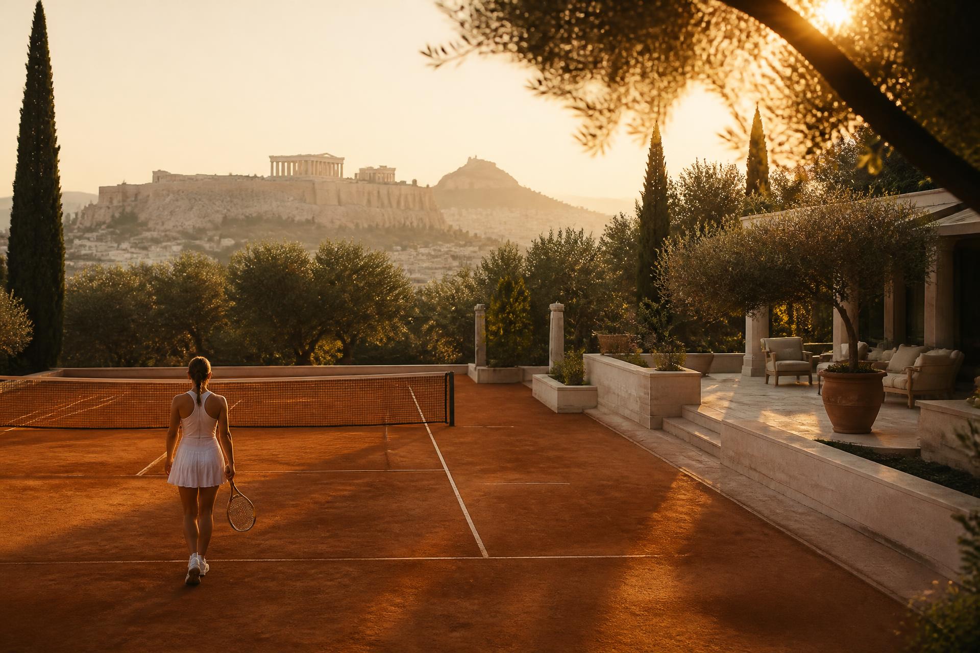 Private clay tennis court at golden hour with the Acropolis in the distance