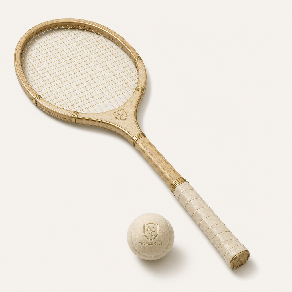Weathered vintage wooden tennis racket engraved with The Ace Club crest beside the club's signature felt ball